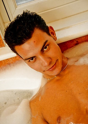 Sexy twink Tino takes a bath and then a shower and shows off his long boy-cock.